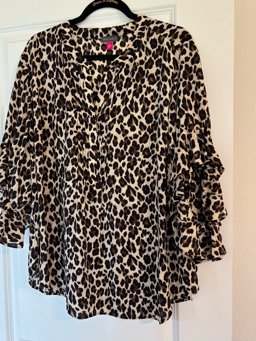 Vince Camuto Animal Print Ruffle Sleeve Blouse - Beige Black Brown